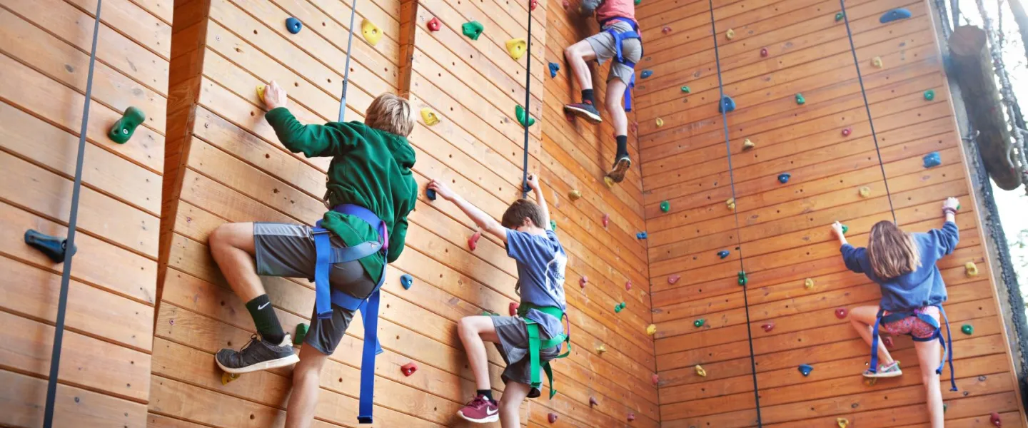 Kids on the Camp Hanes climbing wall